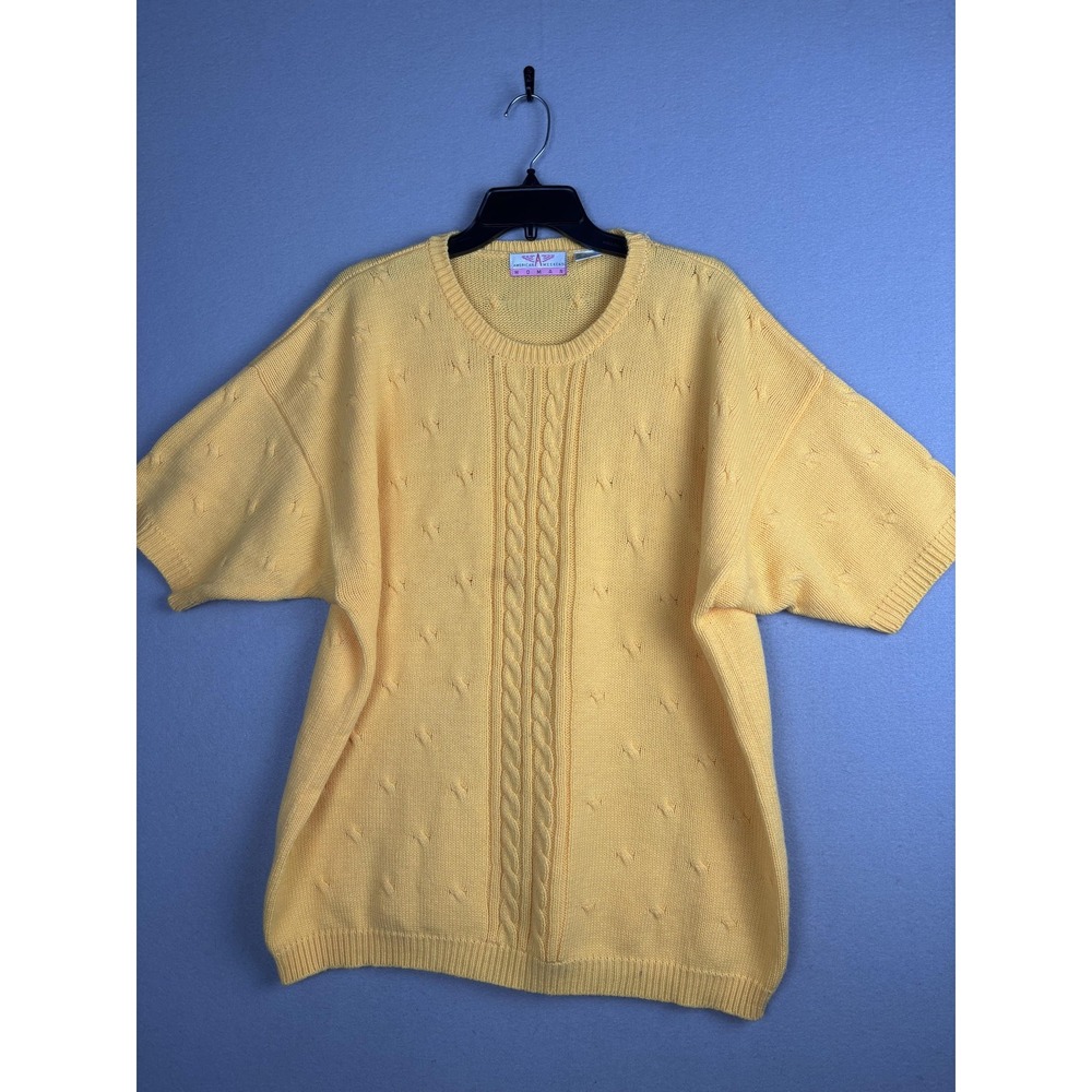 American Weekend Woman Sweater Womens 18 Yellow Short Sleeve Cable Knit Pullover